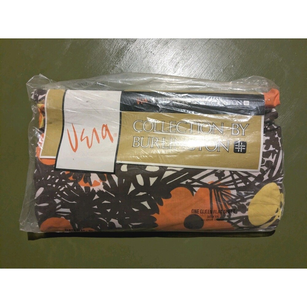 NIP VTG Burlington Vera Neumann Butterfly Party Queen Sheet Brown Orange Flat